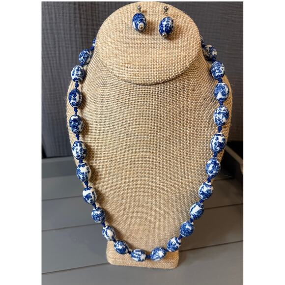 Vintage Chinese Large Bead Blue/White Porcelain Knotted Necklace&Earrings
